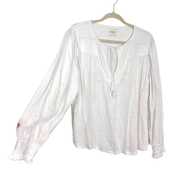 Wrap London Linen Blouse Womens 14 white tassel tie Long Sleeve Peasant large - Picture 13 of 13